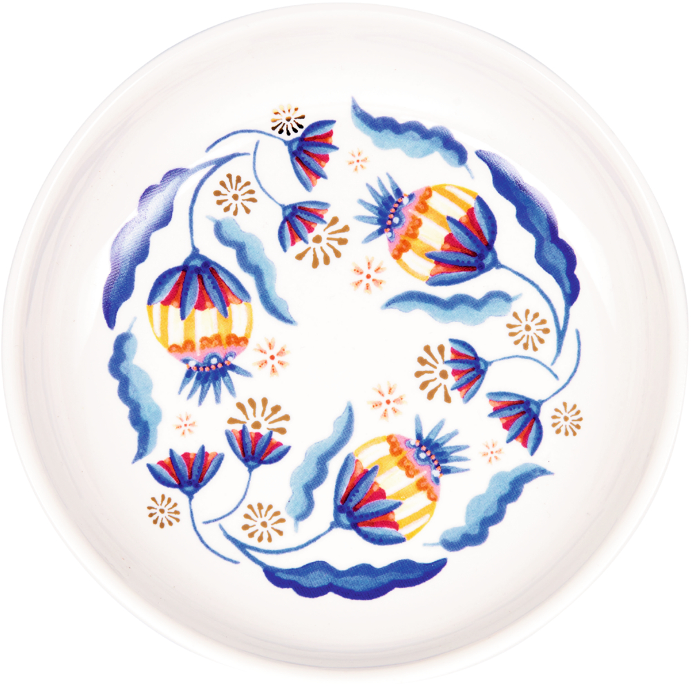 Rundes Schälchen mit blau-rotem Blumendekor und gelb gestreiften Blüten auf weißem Hintergrund.
