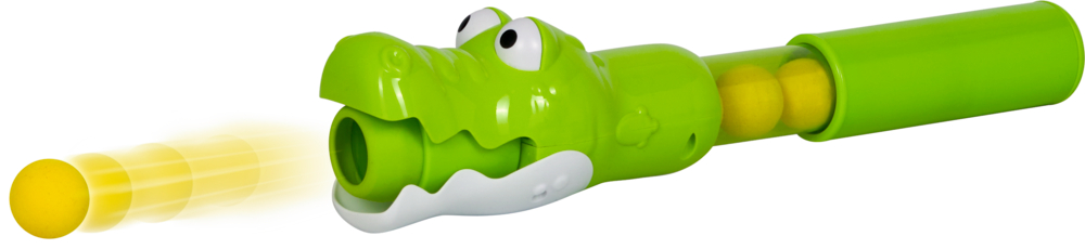 Grünes Crocodile Spielzeug schießt gelben Schaumstoffball ab, weitere Bälle im röhrenförmigen Körper sichtbar.