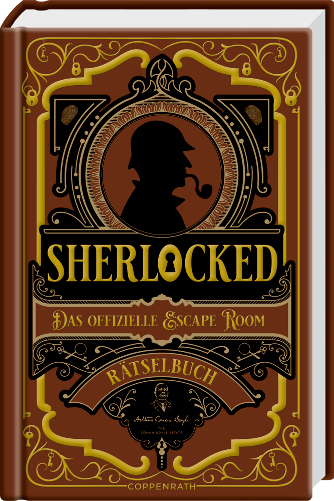 Escape Room: Sherlocked (Rätselbuch) Sherlock Holmes-Silhouette verzierte mit Goldakzente das Buchcover: „Das offizielle Escape Room Rätselbuch“.