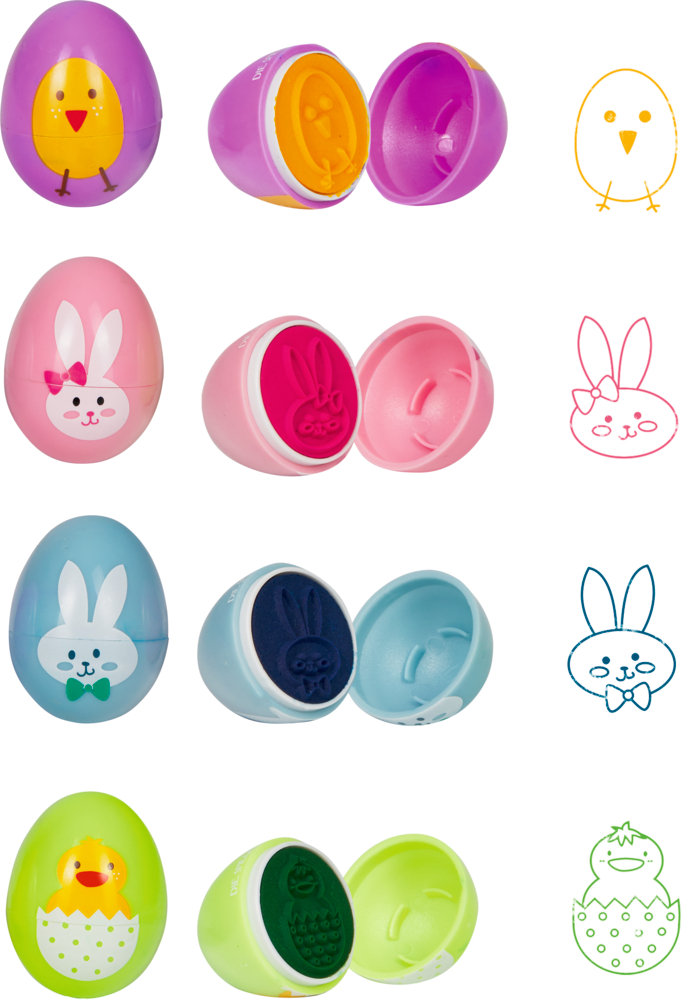 Bunte Plastikeier mit Tiergesichtern und  passendem Stempel innen. Daneben Stempelergebnisse.