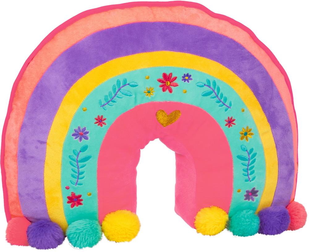 Buntes Plüschkissen in Regenbogenform mit Pompons und Blumenstickerei vor weißem Hintergrund.