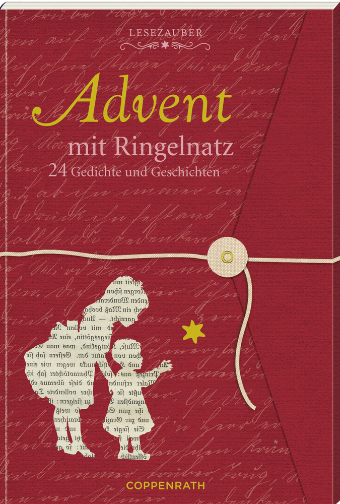 Lesezauber: Advent mit Ringelnatz - Briefbuch zum Aufschneiden Roter Einband, goldener Text, Schrifthintergrund, zwei Kindersilhouetten; Titel: Advent mit Ringelnatz.