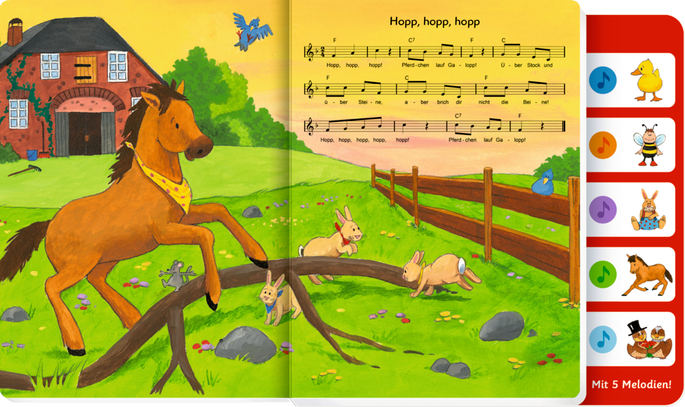 Buchinnenansicht mit einem Pferd, dasüber einen Ast springt. Rechts sind Noten sowie Tierknöpfe mit Noten zu sehen.
