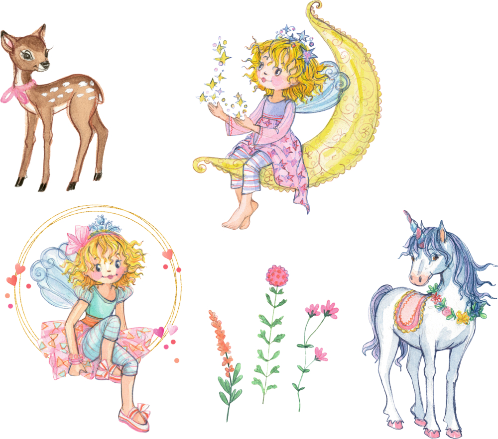 Niedliche Pastellillustrationen von Feen, einem Reh, Blumen und einem Einhorn.