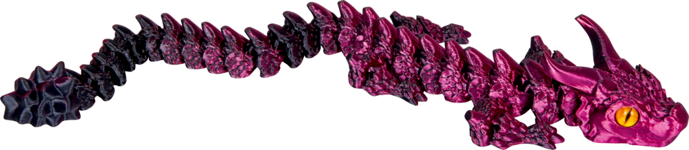 Eine segmentierte Drachenfigur mit strukturierten violetten und schwarzen Schuppen und einem auffälligen gelben Auge.