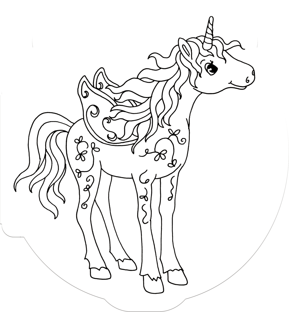 Ausmalbild eines geflügelten Einhorns mit wallender Mähne und dekorativen Körpermustern.