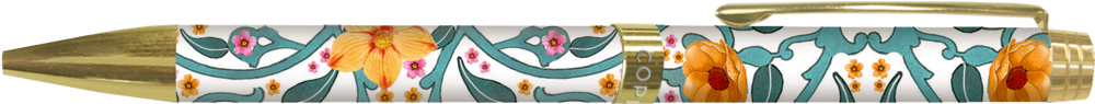 Kugelschreiber mit floralem Muster in Orange, Pink und Blaugrün auf weißem Hintergrund.