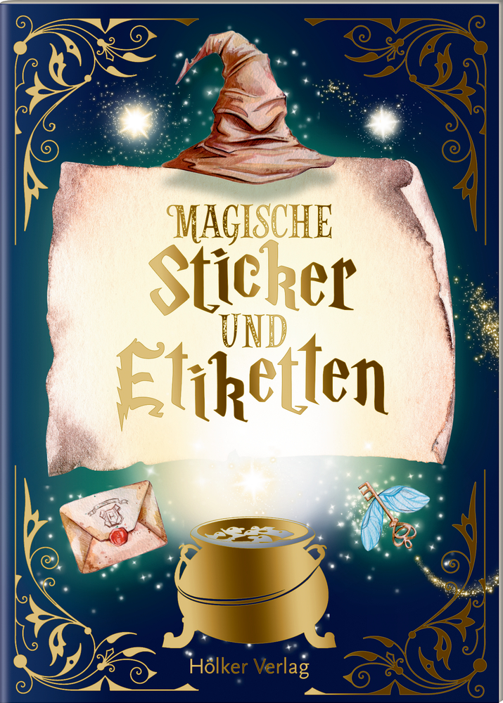 Magisches Cover mit Zaubererhut, Schriftrolle, Trank, Kessel und dem Text „Magische Aufkleber und Etiketten“.
