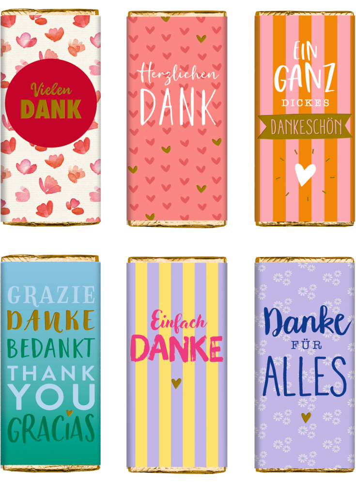 Sechs bunte Schokoladentafeln mit Dankesbotschaften in verschiedenen Sprachen und einzigartigen Designs.