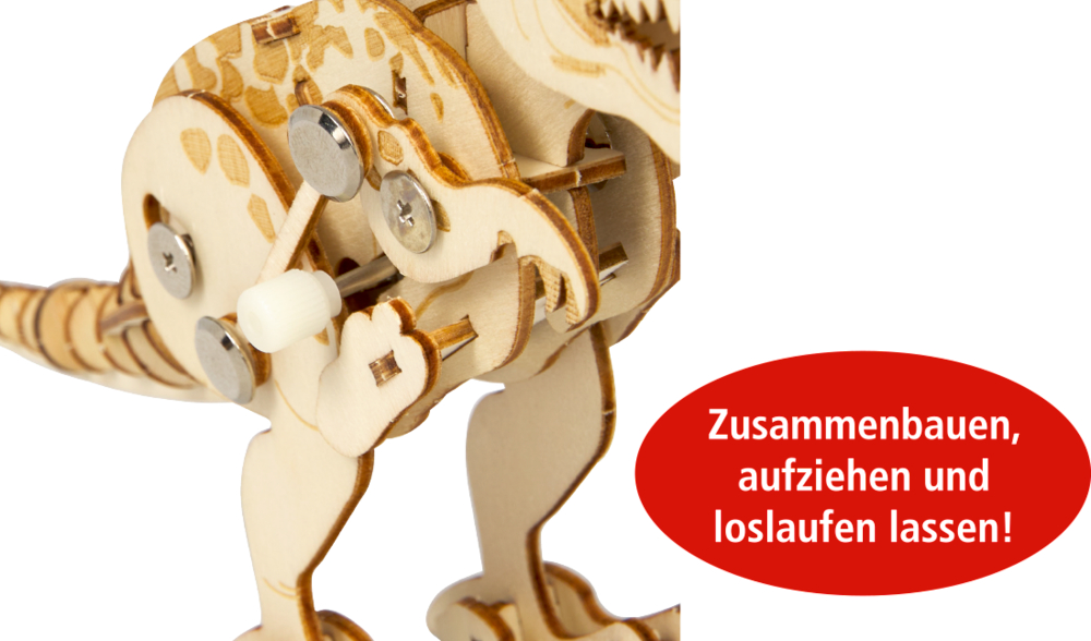 Holzdinosauriermodell mit sichtbarem Aufziehmechanismus, Text: "Zusammenbauen, aufziehen und laufen lassen!.
