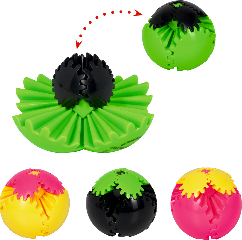 Zauberball - Bunte Geschenke Fünf bunte, zahnradähnliche Bälle, einer davon öffnet sich zu einer grünen Blumenform.