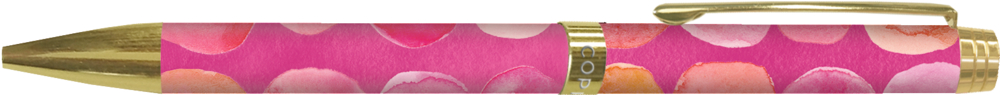 pink mit Punkten, Kugelschreiber - All about pink Goldener Stift mit rosafarbenem Schaft, verziert mit Kreisen im Aquarellstil in Rosa- und Orangetönen.