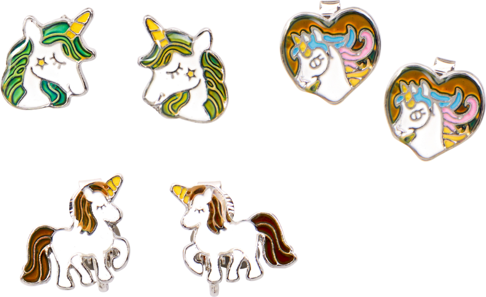 Stimmungs-Ohrclips Einhorn-Paradies Sechs bunte Einhorn-Schmuckstücke in verschiedenen Designs und Formen auf weißem Hintergrund.