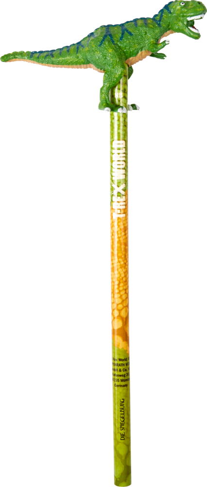 Eine grüne Dinosaurierfigur sitzt auf einem gelbgrünen Bleistift mit der Aufschrift „T-Rex World“.