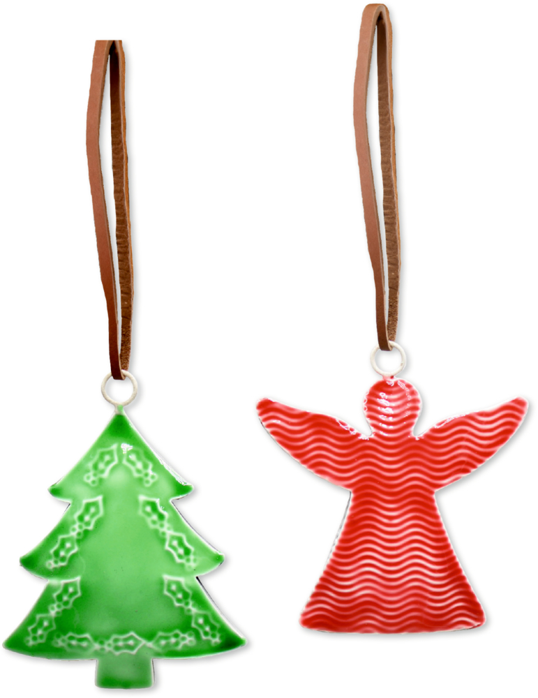 Grüner Weihnachtsbaum und roter Engel mit braunen Schlaufen zum Aufhängen.