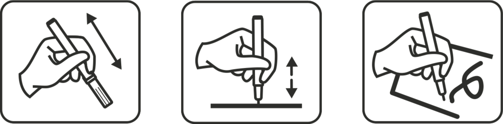 Es werden drei Symbole angezeigt: schütteln, drücken und mit einem Marker markieren.