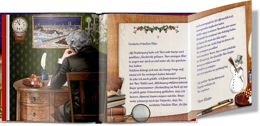 Offenes Buch mit Illustration eines schreibenden Mannes an einem Schreibtisch und einer handgeschriebenen Briefseite mit Schneemannfigur.