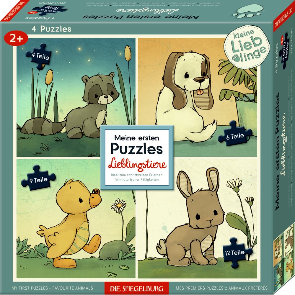 Schachtel: 4 Tierpuzzles – Waschbär, Fuchs, Bär und Hase – für Kinder ab 2 Jahren.