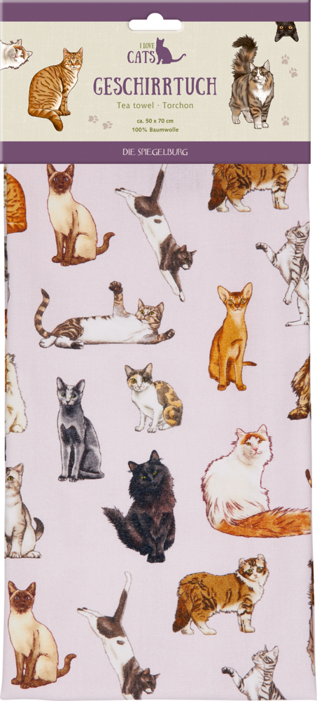 Zusammengefaltetes, hellrosafarbenes Geschirrtuch mit kleinen Klatzenillustrationen, befestigt an einer Trägerkarte.