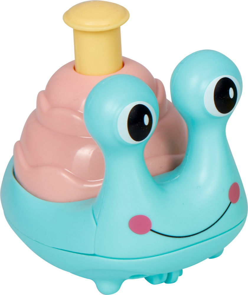 Bunte Spielzeugschnecke mit blauem Gesicht, großen Augen, rosa Gehäuse und einem gelben Knopf oben.