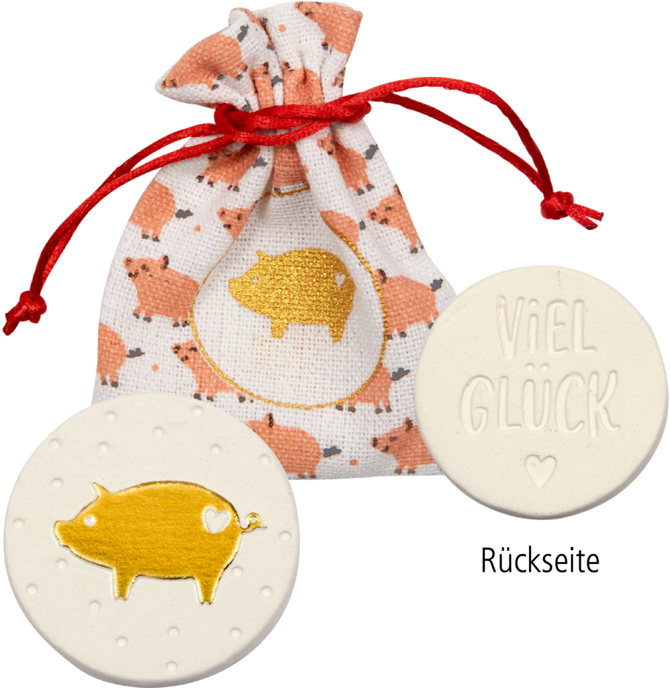 Kleines Beutelchen mit Schweinchenmotiv, zwei weiße Glückstaler: einer mit Goldschwein, einer mit „Viel Glück“.