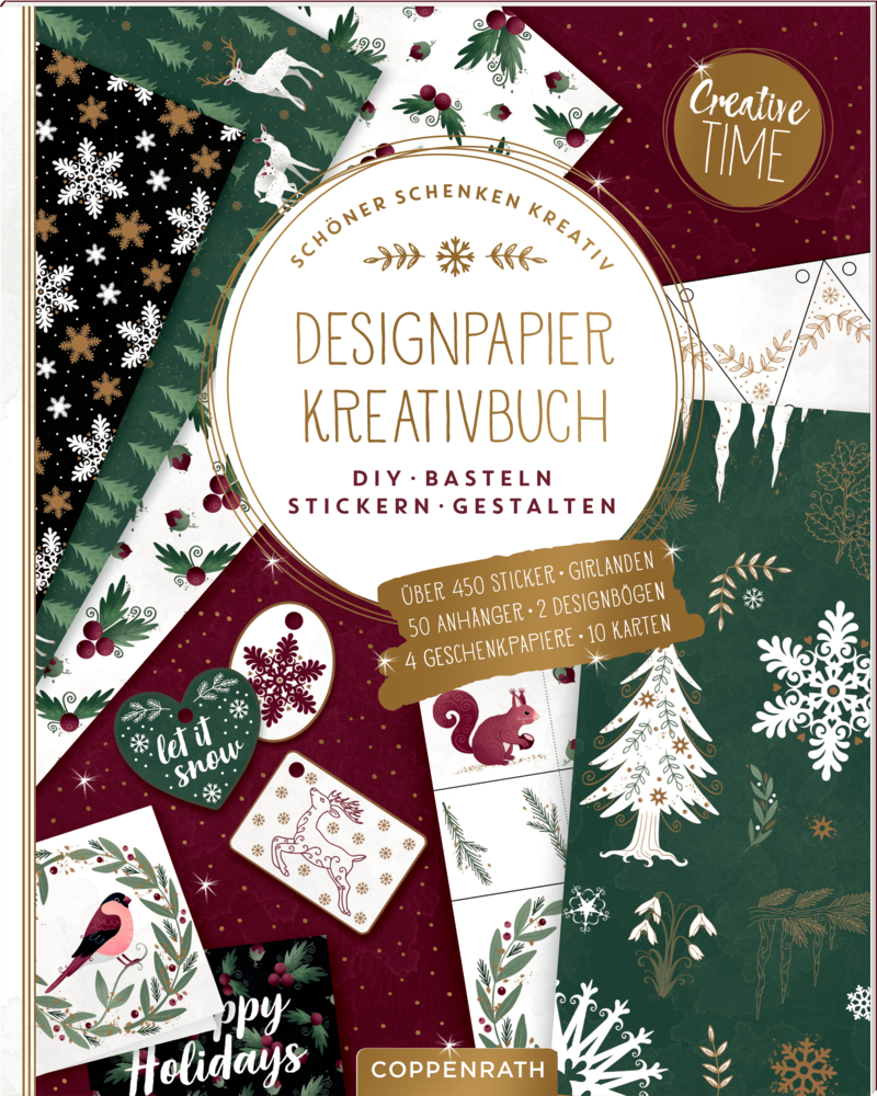 DIY-Buchumschlag aus Papier mit festlichen Feiertagsmotiven und verschiedenen Bastelmaterialien.