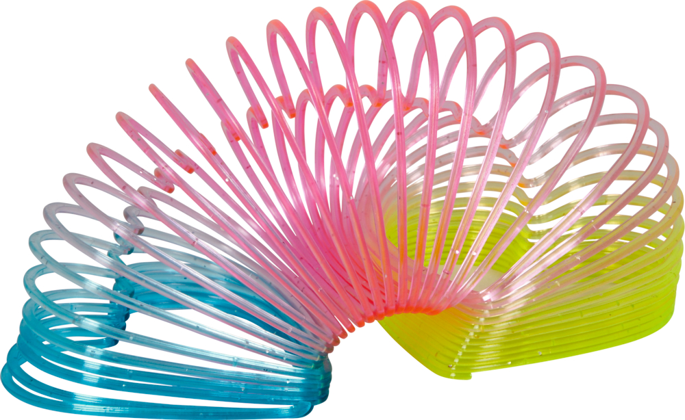Bunte Herz-Spirale aus Kunststoff mit blauen, rosa und gelben Abschnitten, die in einer Wellenform ausgestreckt sind.