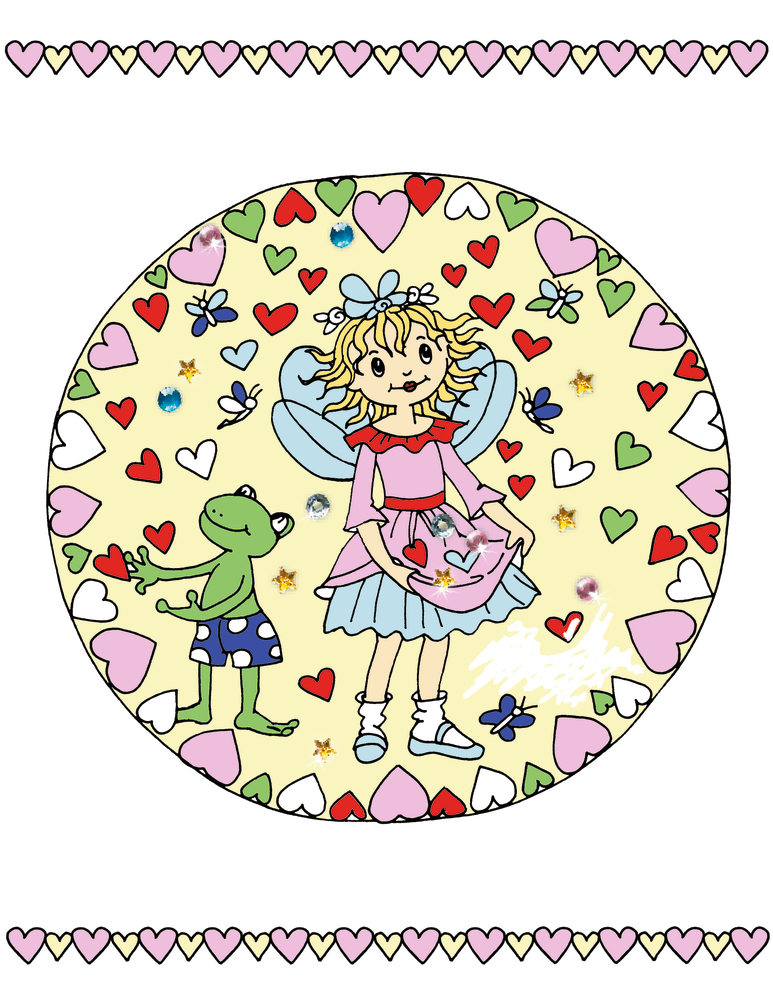 Eine Fee und ein Frosch stehen in einem Ring aus bunten Herzen, umgeben von Blumen, Sternen und Käfern.