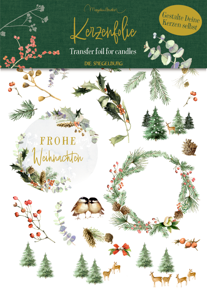 Kerzenfolie Zauberhafter Winterwald - M. Bastin Weißer Bogen mit filigranen, grünen Weihnachtsmotiven an einer dunkelgrünen Trägerkarte.