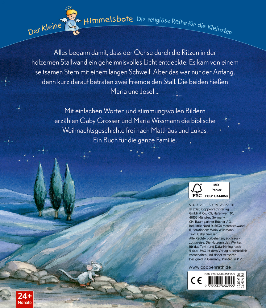 Gezeichnete Landschaft mit Hügeln, Bäumen und einer kleinen grauen Maus unter sternenklarem Nachthimmel.