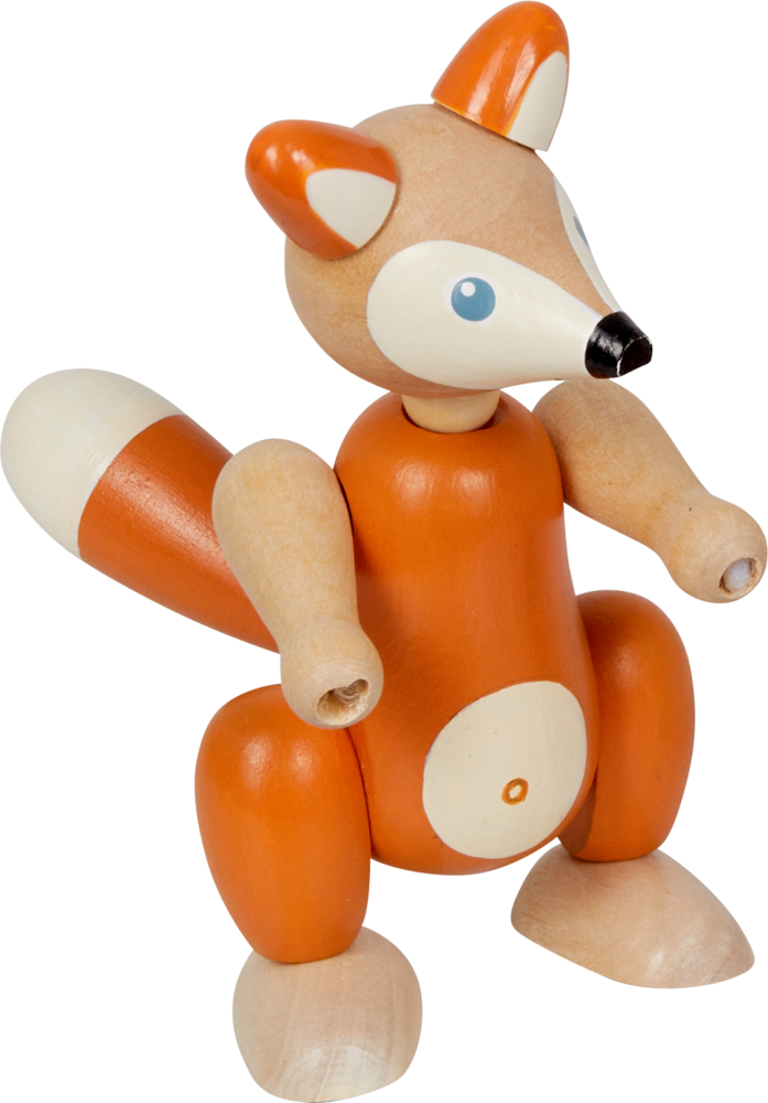 Holzfuchs mit orangefarbenem und cremefarbenem Körper, beweglichen Gliedmaßen und bemaltem Gesicht.