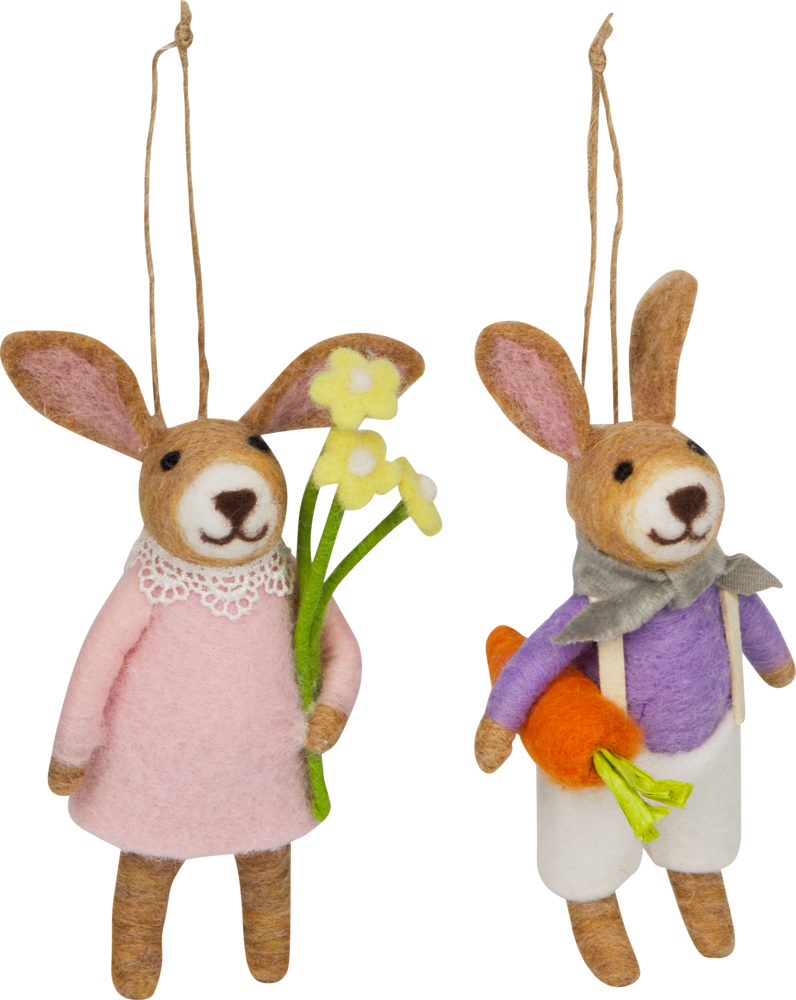 Zwei Filzhäschen an einer Schnur. Eins mit rosa Kleid und Blumen. Das andere mit Latzhose und Karotte.