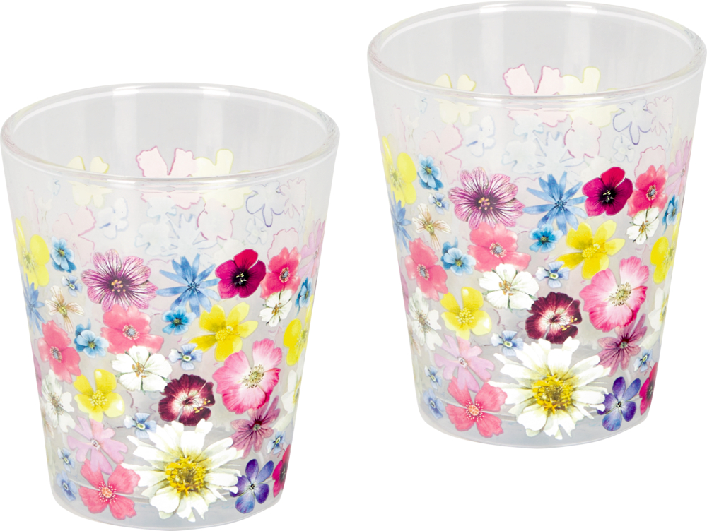 Zwei klare Trinkgläser mit bunten Blumenmustern in Pink, Gelb, Blau und Weiß.