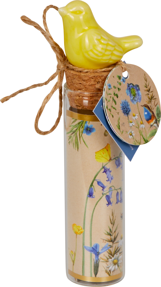 Saatgut Natur pur (Bienenblumen-Mischung) - M. Bastin "Dekoratives Reagenzglas mit Wildblumen-Motiven, Korkdeckel, blumigem Geschenkanhänger und einem gelben Keramikvogel oben. "