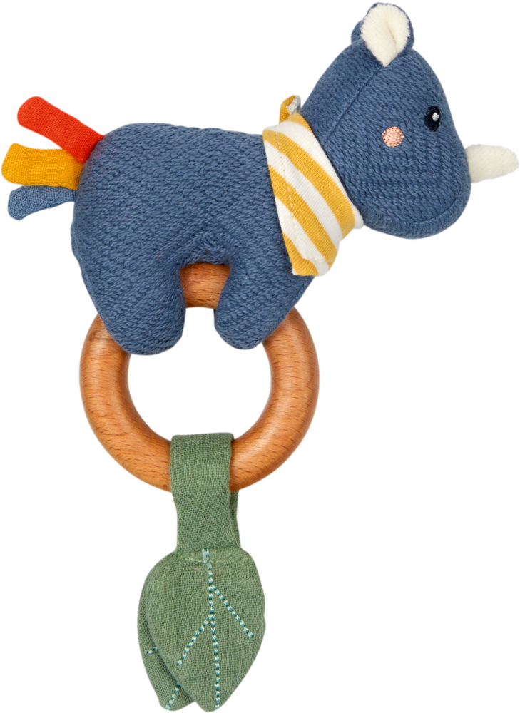 Blaue Nashorn-Babyrassel aus Plüsch mit Holzring und befestigtem grünem Stoffblatt.