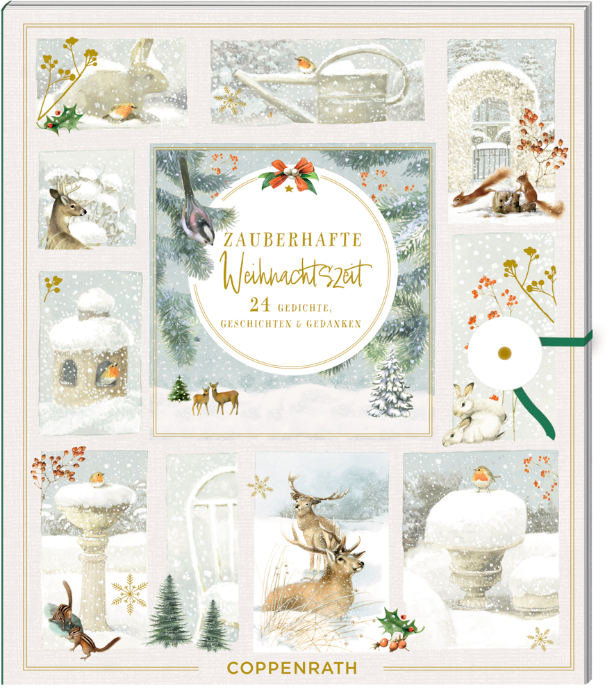 Verschneite Winterlandschaften mit Tieren, Bäumen, Weihnachtsdekor; r Text in der Mitte.