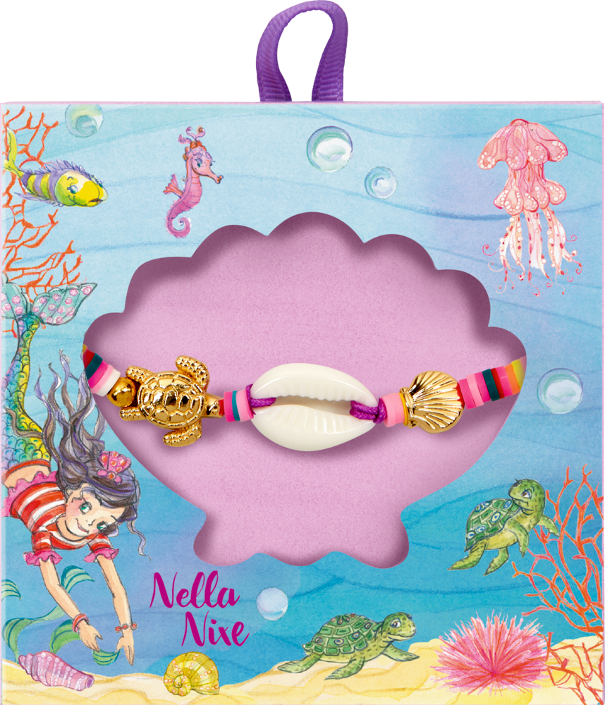 Fußkettchen - Nella Nixe Armband mit bunten und goldenen Meeresmotiven im muschelförmigen Sichtfenster einer Pappverpackung.