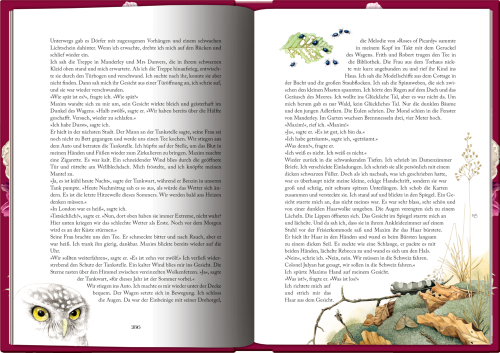Aufgeschlagenes Buch mit Text, Blatt-Illustrationen, Insekten und einer Eulenzeichnung am unteren Seitenrand.