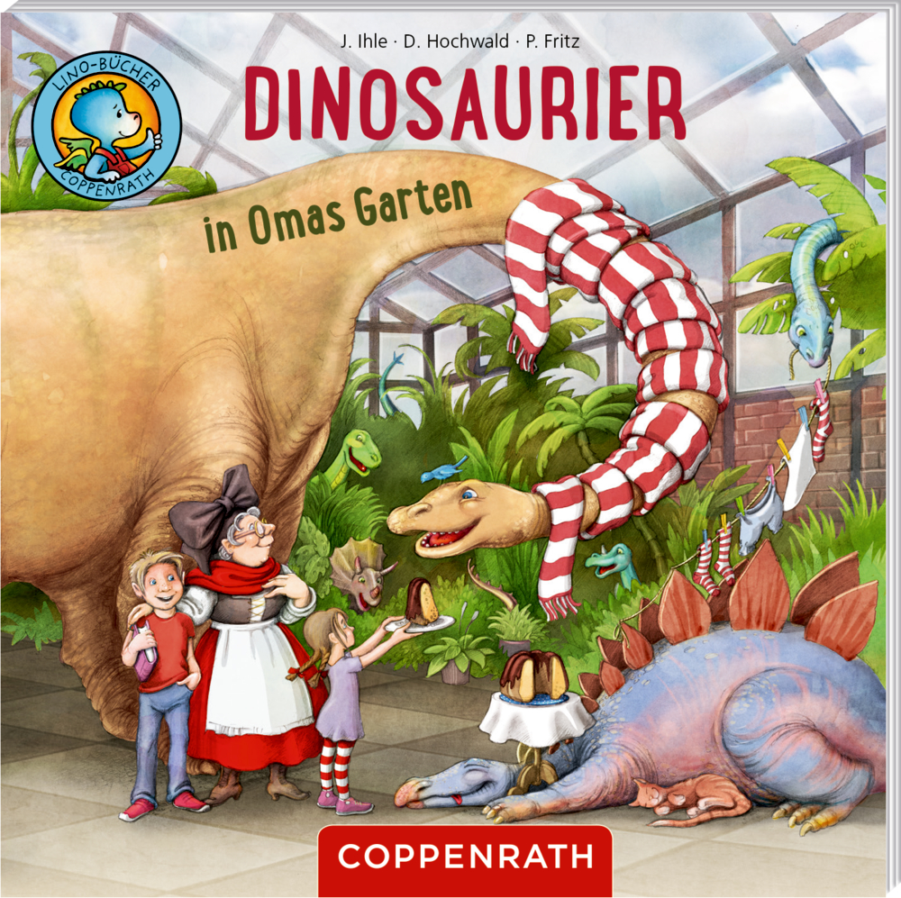 Buchcover mit einer Oma und zwei Kindern in einem Garten. Dazu Dinosauriern mit rot?weiß gestreiften Schals.
