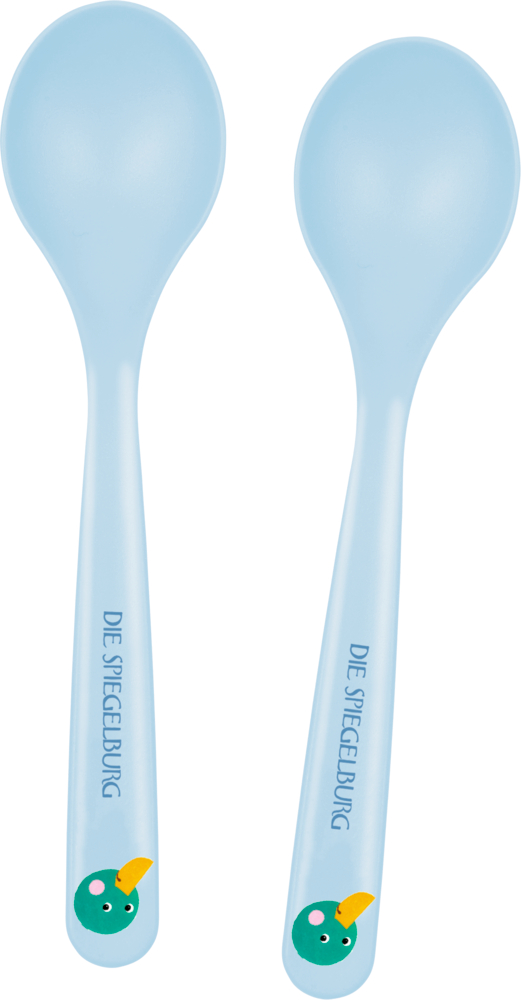 Löffel 2er-Set Ente - Freche Rasselbande Zwei hellblaue Löffel zeigen Cartoon-Entengesichter und den Text „DIE SPIEGELBURG“ auf ihren Griffen.