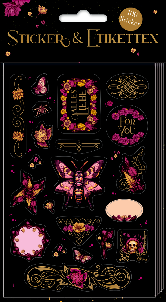 Stickerbogen mit Schmetterlingen, Blumen und Gothic-Designs mit goldenen und violetten Akzenten.