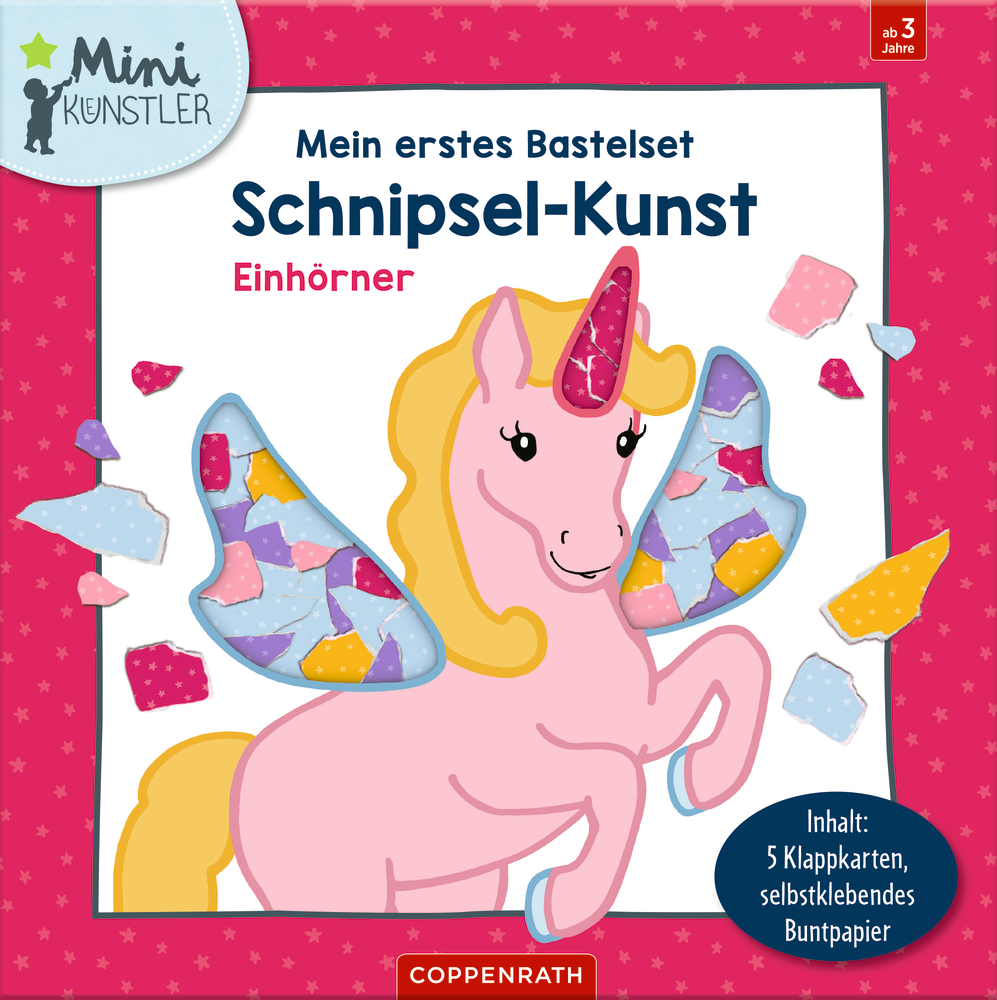 Mein erstes Bastelset - Schnipsel-Kunst Eine rosa Einhornillustration mit Collagestücken und bunten Formen ziert den Einband eines Bastelsets.