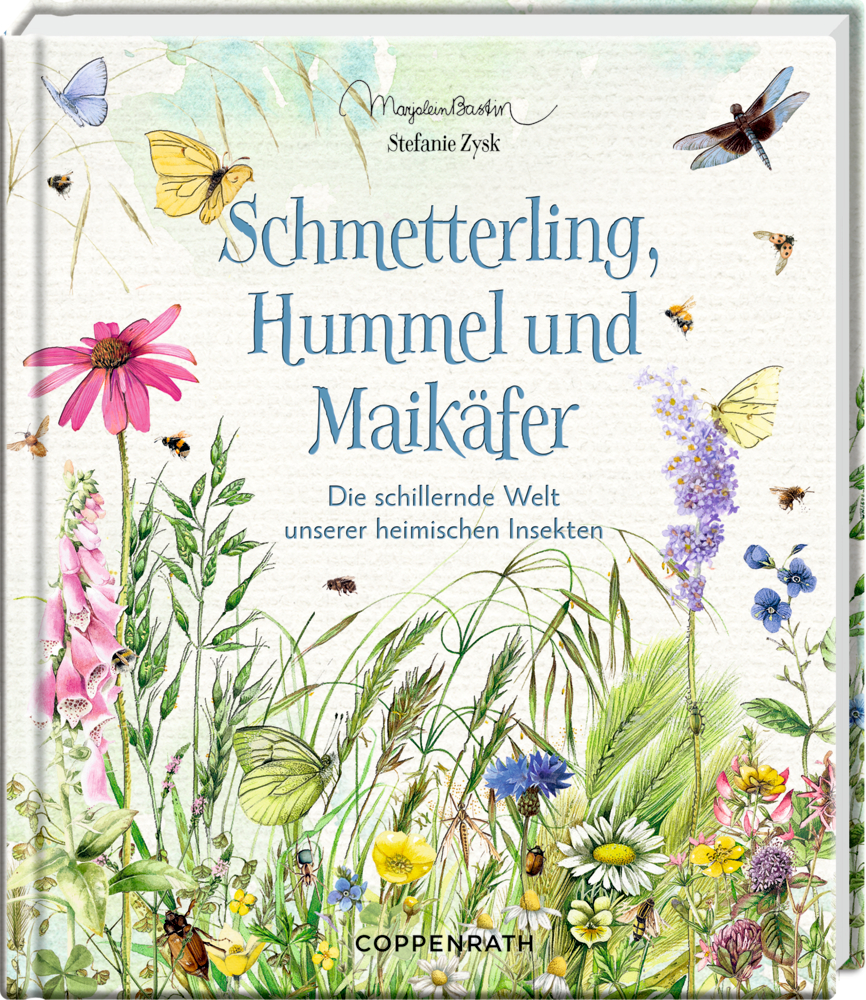 Inspirationen: Schmetterling, Hummel und Maikäfer (Bastin) Buchcover mit illustrierten Wildblumen, Insekten und dem  Titel: „Schmetterling, Hummel und Maikäfer“.