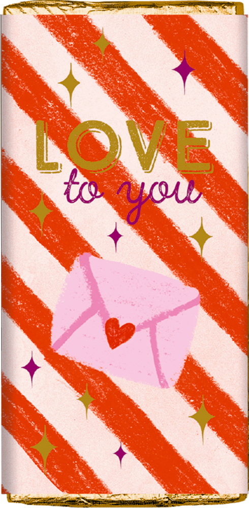 Schokoladentafel mit rot-rosa Streifen, pinkem Brief mit rotem Herz und dem Text „LOVE to you“.