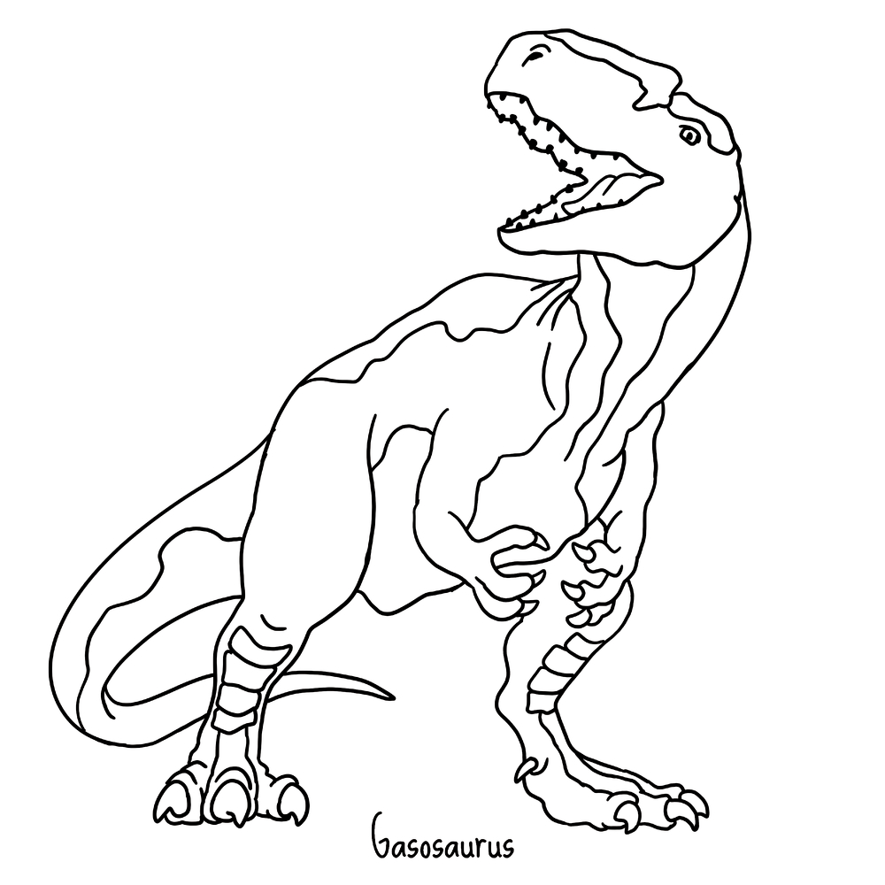 Strichzeichnung eines Dinosauriers mit Aufschrift Gasosaurus.
