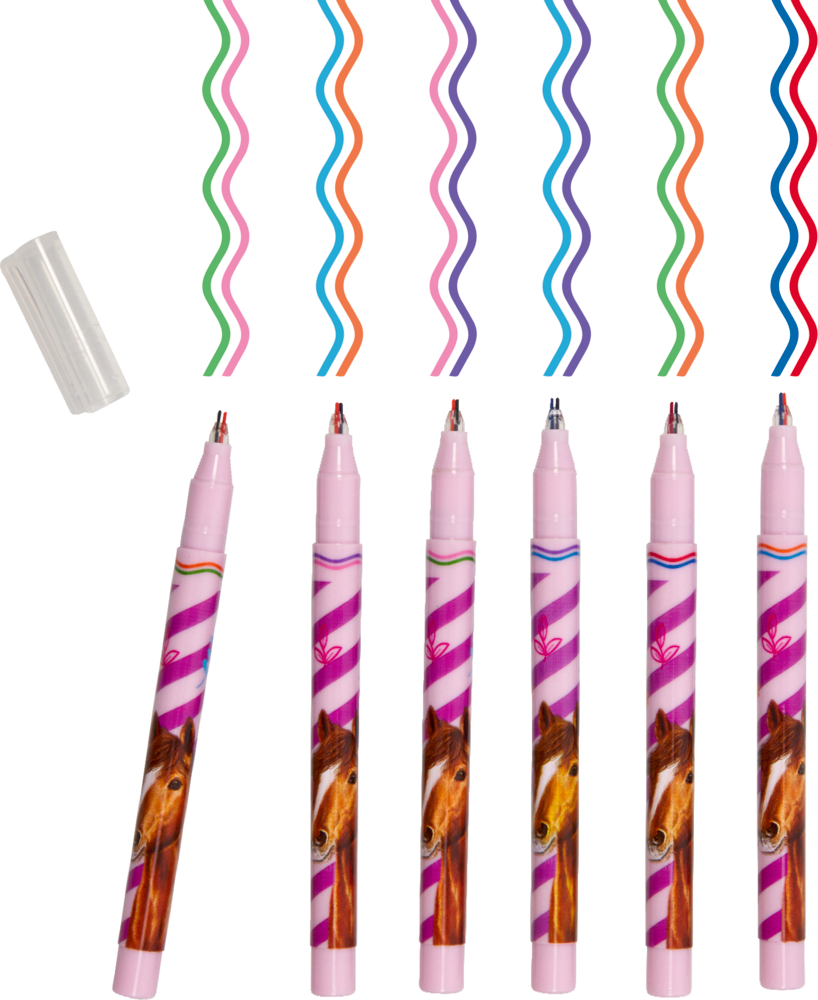 Sechs bunte wellige Stifte mit Pferdemotiven, jeder zieht eine andersfarbige wellige Linie, Kappe links.