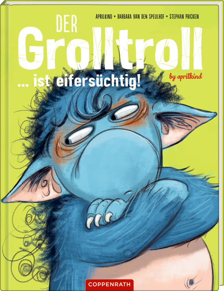 Der Grolltroll ... ist eifersüchtig! (Bd. 5) Ein mürrischer blauer, pelziger Troll mit großen Ohren ziert das Cover in der 3D-Ansicht des deutschen Kinderbuchs „Der Grolltroll ist Eifersüchtig!“ .