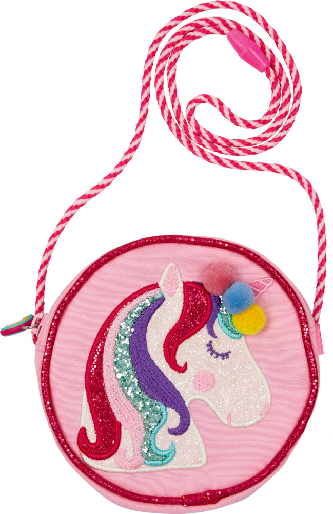 Täschchen - Einhorn-Paradies Rosafarbene runde Tasche mit Einhorn-Design, Glitzerakzenten, bunten Pompons und einem rosa gestreiften Schultergurt.
