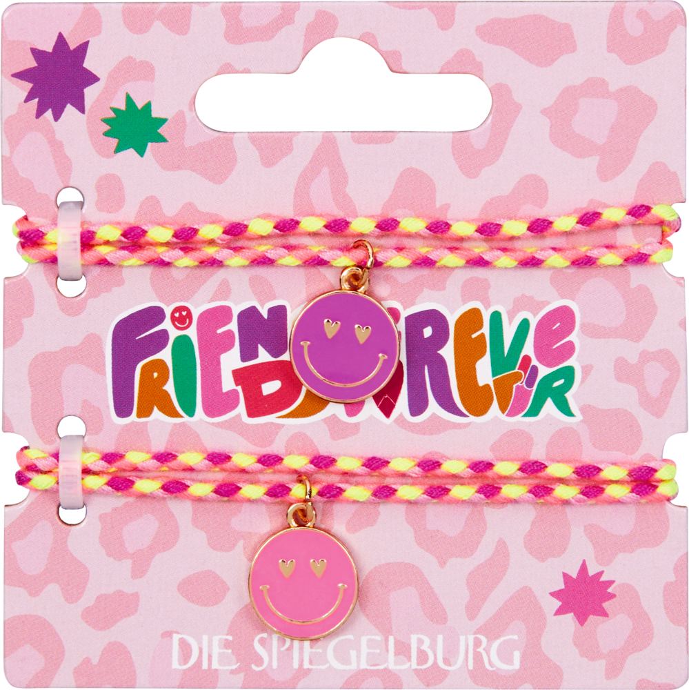 Zwei rosa und gelbe Freundschaftsarmbänder mit Smiley-Anhängern auf einer „Friends Forever“-Karte.