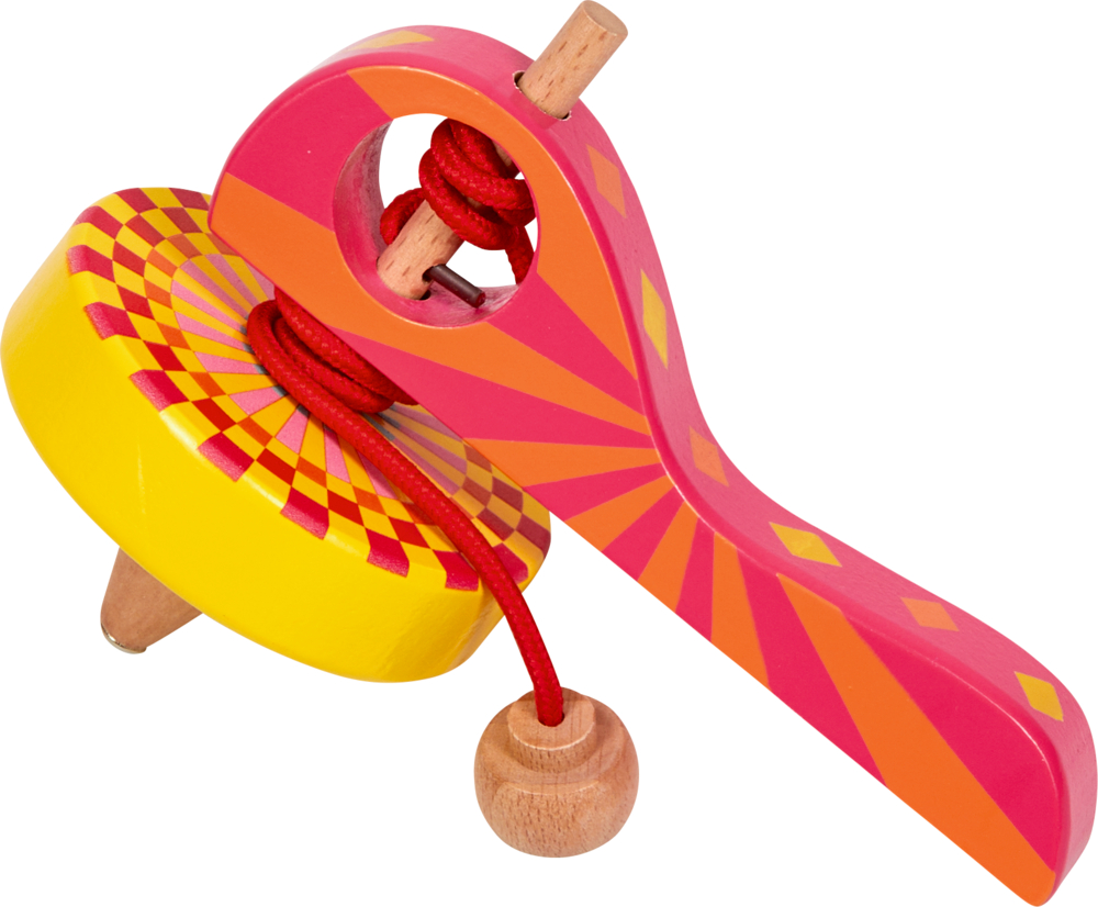 Bunter Holzkreisel mit roter Schnur und gelben, orangefarbenen und roten Mustern.